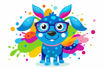 Cute Blue Puppy with Glasses in Colorful Paint Splatter