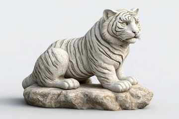 Fototapeta premium Elegant white tiger statue seated on a rock outcrop.