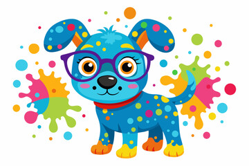 Cute Cartoon Puppy Dog with Glasses and Colorful Paint Splats