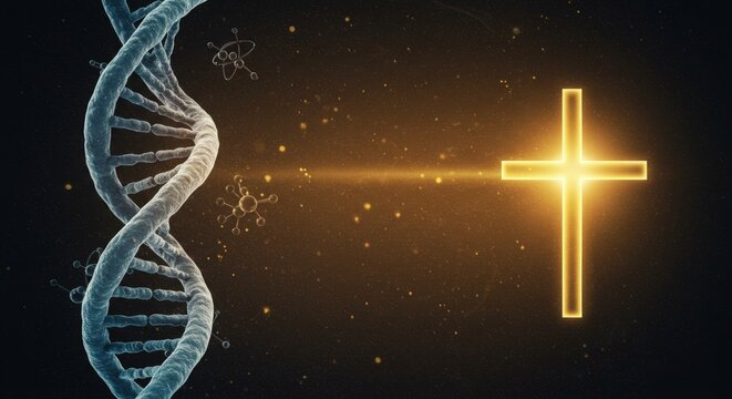 DNHelix and glowing Christian cross illustration. Science and faith concept. For discussions on creation, bioethics, and religion, spiritual science themes. Horizontal banner