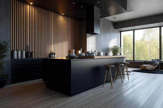 Black and dark wood modern kitchen, black cabinets, wooden countertop, black wall behind the cabinet with wood paneling, interior design photography