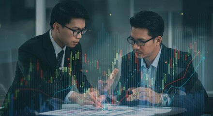Two businessmen analyzing financial data with stock market overlay