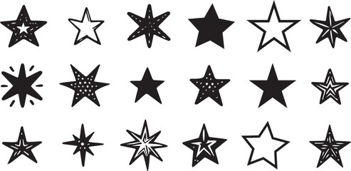 Stars set, hand drawn sketch, doodle vector illustration. Black symbols drawn by brush, pen, ink, Isolated on white background. Cool trendy handdrawn set for logo, textile print, fabric design, card v