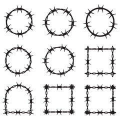 Twisted barbed wire Vector Black silhouettes set in rounded and square shapes. illustration of steel wire barb fence frames. Concept of protection, danger or security. with white background