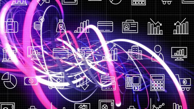 Neon light trails weaving across dark grid, overlaying white finance icons in animated illustration - Powered by Adobe
