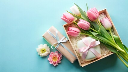 A delightful arrangement featuring a gift box filled with pink tulips and a delicately wrapped present, complemented by additional blossoms on a serene light-blue background.