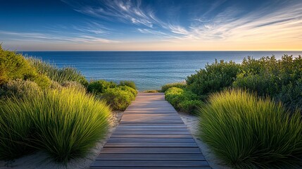 Fototapeta premium Coastal boardwalk path leading to the ocean at sunset