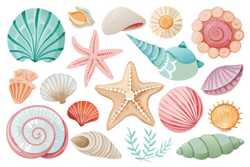 Pastel Watercolor Seashells Starfish and Seaweed Collection