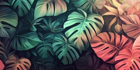 Exotic jungle leaves in vibrant pastel colors create a warm decorative pattern.