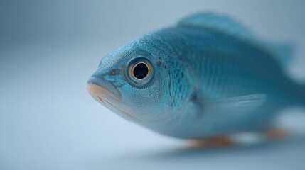 single fish rests against plain background with people softly out-of-focus minimalistic composition