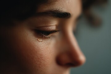 solitary teardrop runs down cheek with eyes closed in subtle sadness capturing intimate moment minimalistic design