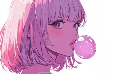 Naklejka premium Anime girl blowing pink bubblegum.
