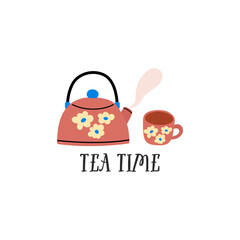 Tea time vector quote. Tea ceramic mug. Rustic teapot and cup. Flat graphic vector illustration isolated on white background. Warm morning beverage, teatime.