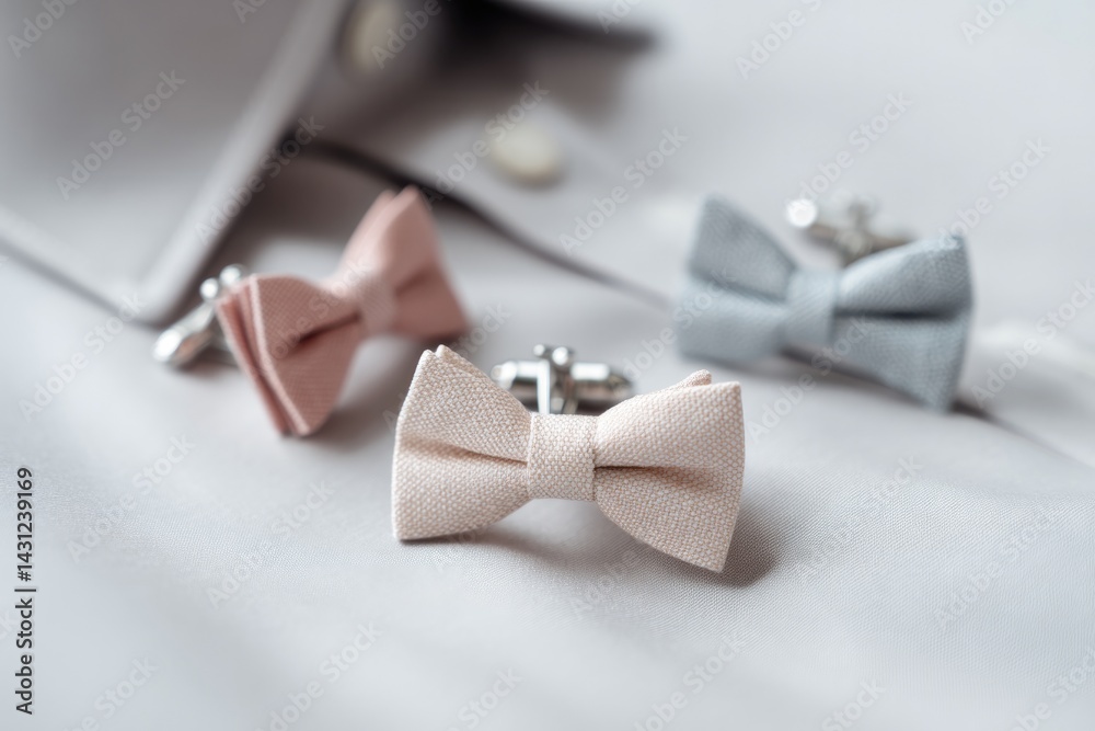 Poster close-up of neatly arranged bow ties and cufflinks against smooth light-colored backdrop with ample 