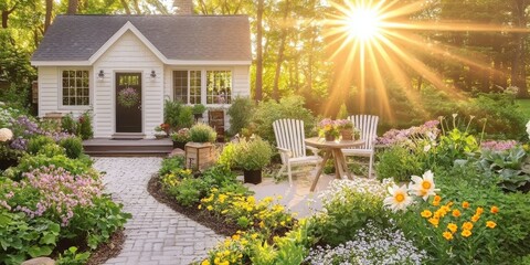 Naklejka premium Inviting outdoor garden setting featuring a cozy table surrounded by vibrant plants and flowers.