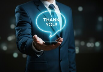 Businessman holding phone displaying thank you message in speech bubble