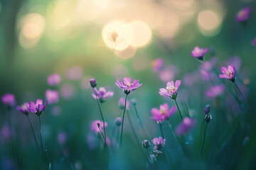 Fototapeta premium Soft sunlight illuminates a field of delicate purple wildflowers a tranquil nature scene