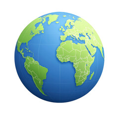 Fototapeta premium 3D illustration of Earth showcasing continents and oceans, highlighting Atlantic Ocean and surrounding landmasses. globe is depicted with blue ocean and green continents, emphasizing geographical