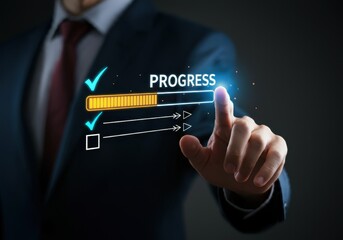 Businessman presses virtual progress bar with checkmarks, indicating task completion