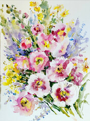 Abstract bright colored decorative background . Floral pattern handmade . Beautiful tender romantic bouquet of wild flowers , made in the technique of watercolors from nature
