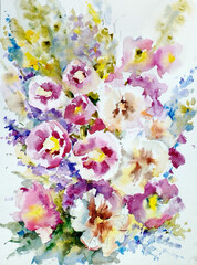 Abstract bright colored decorative background . Floral pattern handmade . Beautiful tender romantic bouquet of wild flowers , made in the technique of watercolors from nature