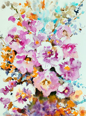 Abstract bright colored decorative background . Floral pattern handmade . Beautiful tender romantic bouquet of wild flowers , made in the technique of watercolors from nature