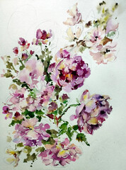 Abstract bright colored decorative background . Floral pattern handmade . Beautiful tender romantic bouquet of wild flowers , made in the technique of watercolors from nature