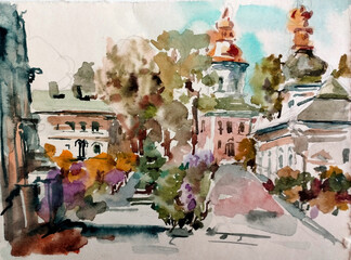 Watercolor colorful bright textured abstract background handmade . Mediterranean landscape . Painting of architecture of the historical place, made in the technique of watercolors from nature