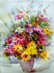 Abstract bright colored decorative background . Floral pattern handmade . Beautiful tender romantic bouquet of wild flowers , made in the technique of watercolors from nature
