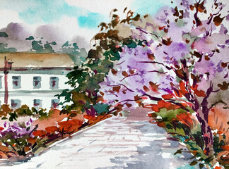 Watercolor colorful bright textured abstract background handmade . Mediterranean landscape . Painting of architecture and vegetation of the sea coast , made in the technique of watercolors from nature
