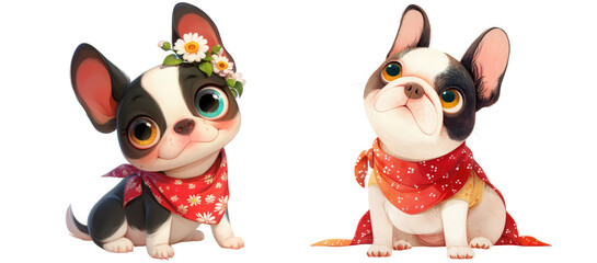 Fototapeta premium Cute Cartoon French Bulldog Illustration with Confused look Wearing Red Bandana on Transparent Background