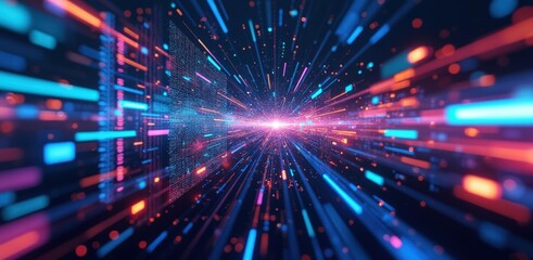 Fototapeta premium A vibrant, abstract representation of data flow, showcasing colorful beams of light and digital elements converging in a dynamic, futuristic space.