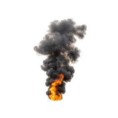 large, dramatic plume of black smoke and bright orange flames rises against clear background, creating striking visual of fire and smoke. contrast between dark smoke and vivid fire is intense