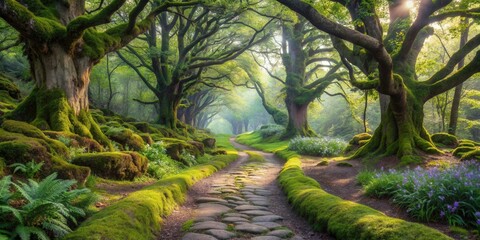 Sunlit Path Through a Mossy, Ancient Forest with Lush Greenery and Blooming Flowers