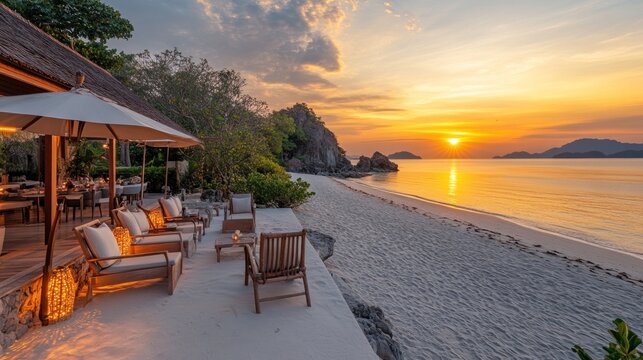 Tropical beachside dining at sunset.  Relaxing ambiance with a beachfront restaurant, lounge chairs, and a breathtaking sunset over the calm ocean