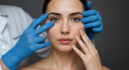 woman receiving facial examination by dermatologist in blue gloves. Professional skincare treatment. Cosmetic procedures, dermatology services, medical aesthetics. Clinical beauty, consultations