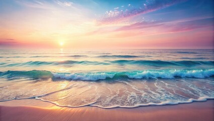 Fototapeta premium Serene Seascape at Sunrise Gentle Waves Rolling Onto a Sandy Shore, Painted with the Warm Hues of Dawn