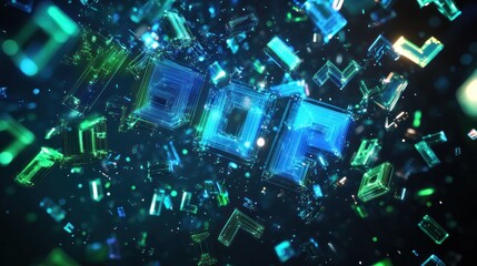 Abstract digital letters, vibrant colors, futuristic design, scattered characters
