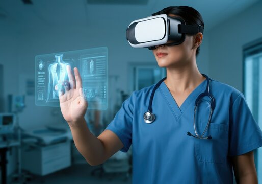 Doctor wearing virtual reality headset interacting with holographic medical data