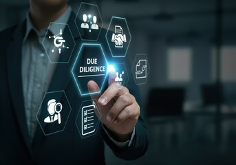 Businessman touching due diligence digital interface with various icons