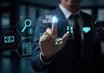 Businessman touching due diligence interface with digital icons concept
