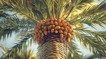 Palm tree laden with dates.  Close-up view of date fruits at the top of a palm tree