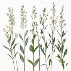 Obraz premium Elegant botanical arrangement featuring delicate wildflowers and lush green foliage on a clean white background for serene nature inspired designs