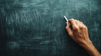 Fototapeta premium A manâ€™s hand writes on a blackboard using white chalk in a teaching scenario