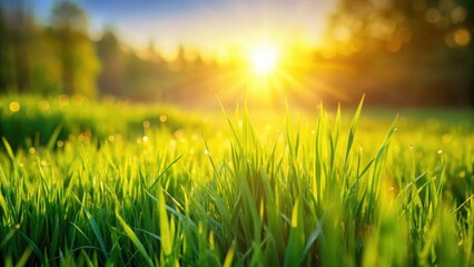 Fototapeta premium Golden hour sunlight illuminates vibrant green grass blades, glistening with morning dew, creating a tranquil and peaceful natural scene.