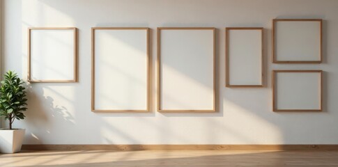 Several empty picture frames against a textured wall , brown, blank