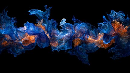 Flowing Abstract Smoke in Blue and Orange Tones on Black Background