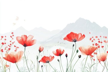 Obraz premium Elegant Watercolor Poppies Mountain Landscape Painting Art Print Red Soft Scene Image Floral Nature 