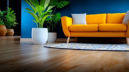 Fototapeta premium Modern living room interior with yellow sofa and green plants