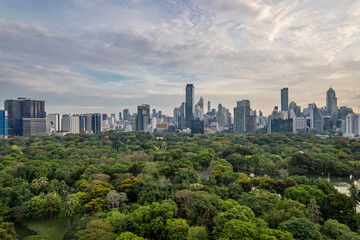Beautiful aerial view of green park with a city skyline featuring numerous tall buildings in the heart of a metropolis, beneath a cloudy sky.
